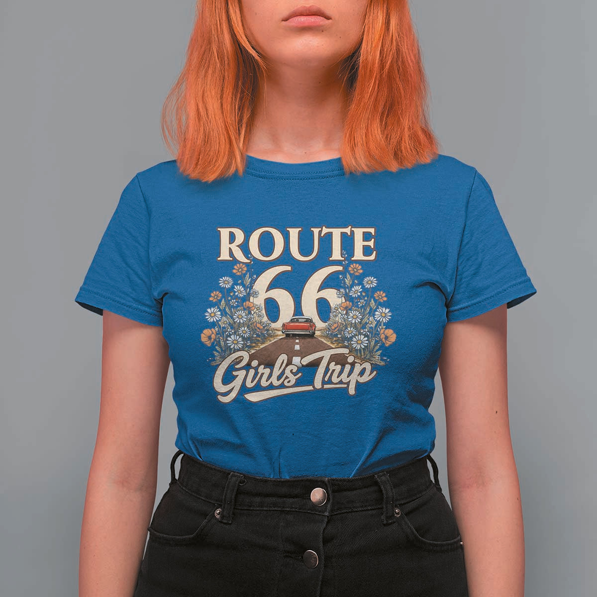 Retro Floral Route Highway 66 Girls Trip Road Trip T Shirt For Women