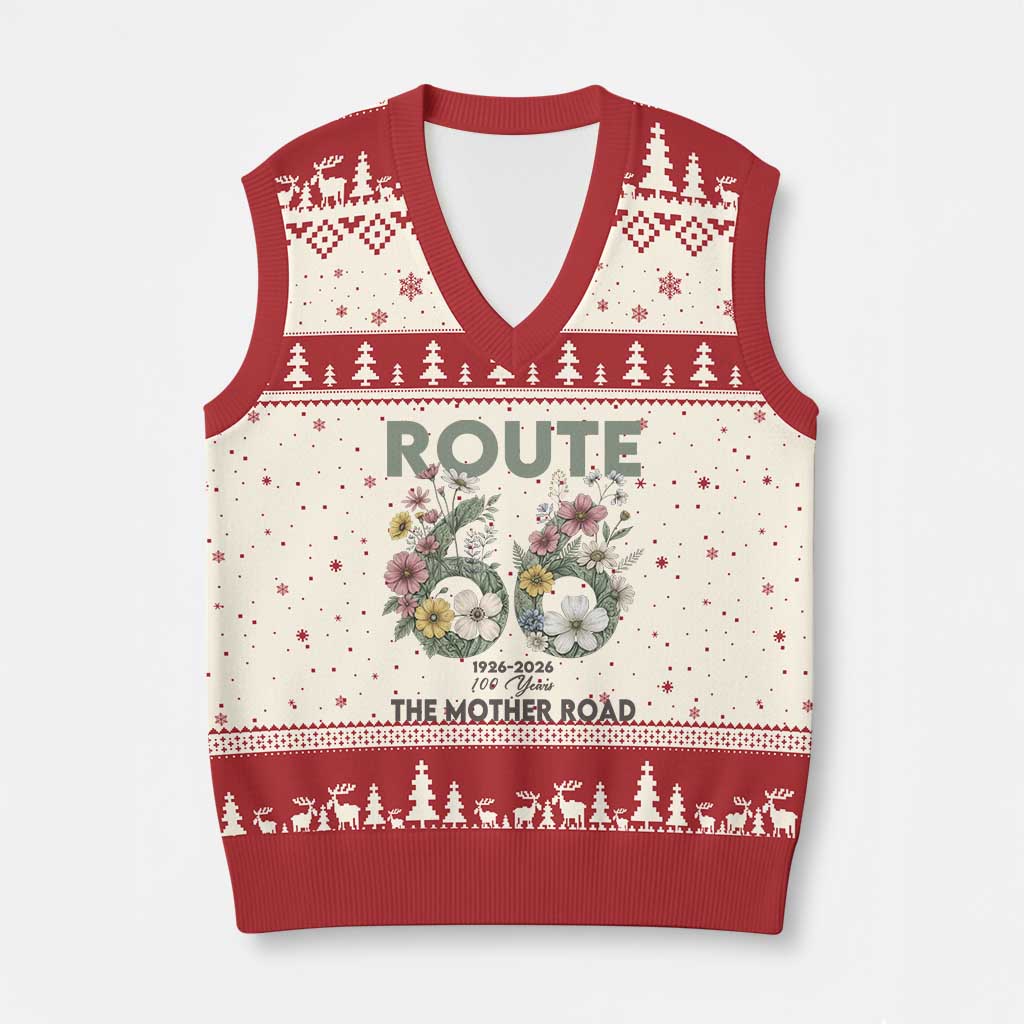 Route Highway 66 V-Neck Knit Sweater Vest Floral Centennial 100 Year Anniversary