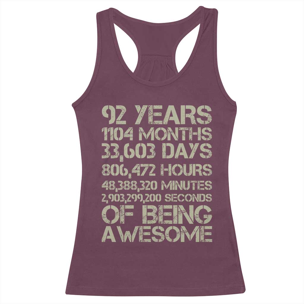 Vintage 92nd Milestone Birthday Racerback Tank Top 92 Years Of Being Awesome