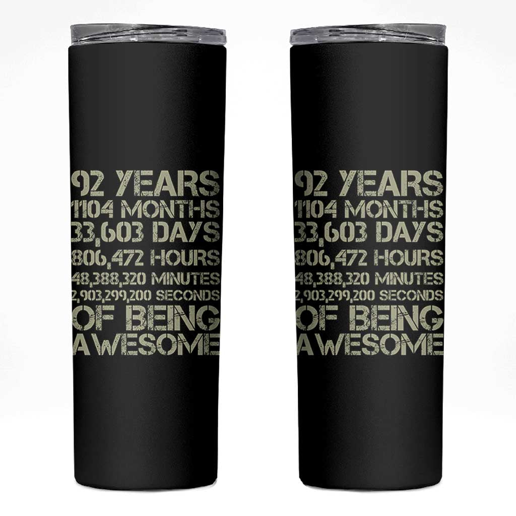 Vintage 92nd Milestone Birthday Skinny Tumbler 92 Years Of Being Awesome