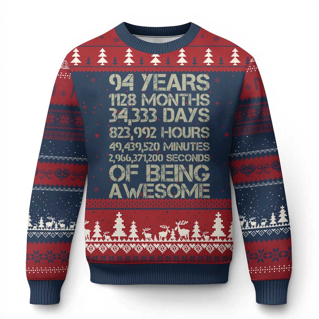 Vintage 94th Milestone Birthday Ugly Christmas Sweater 94 Years Of Being Awesome