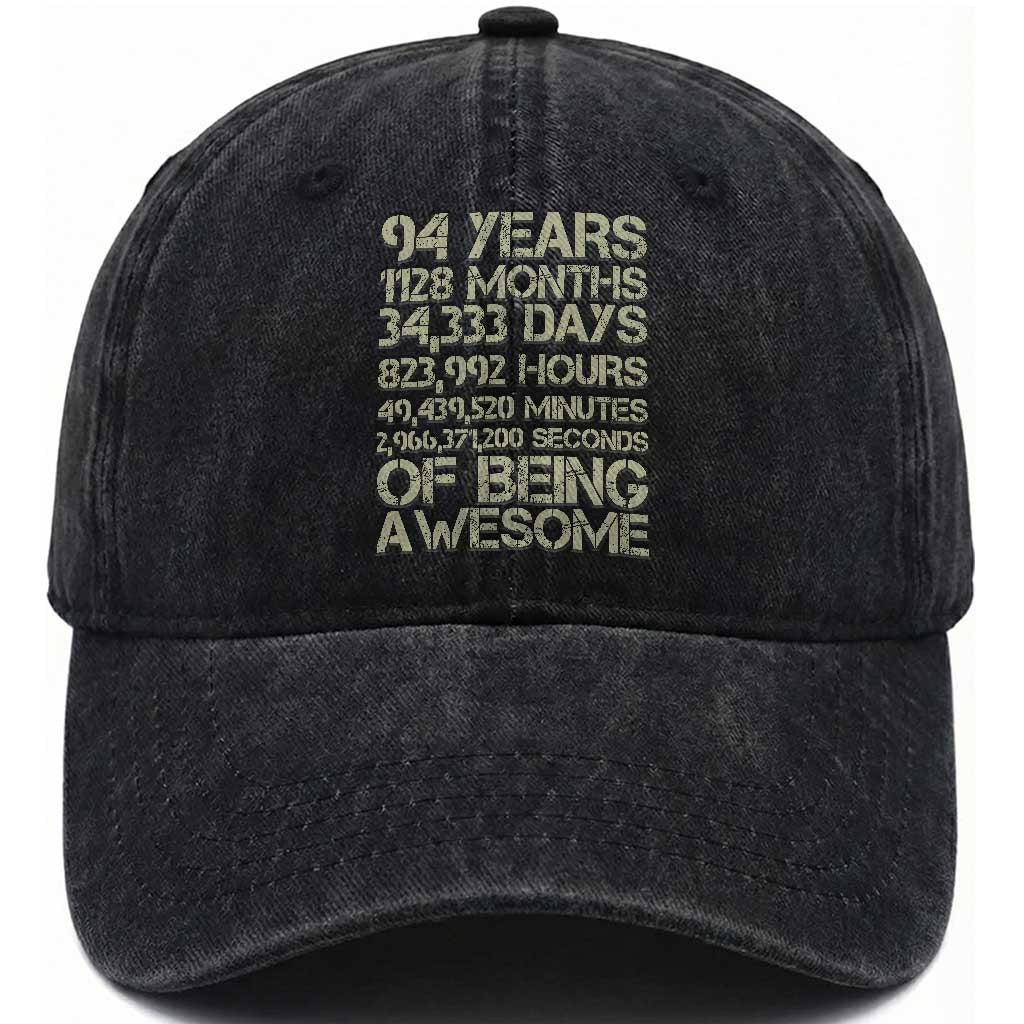 Vintage 94th Milestone Birthday Washed Cotton Baseball Cap 94 Years Of Being Awesome