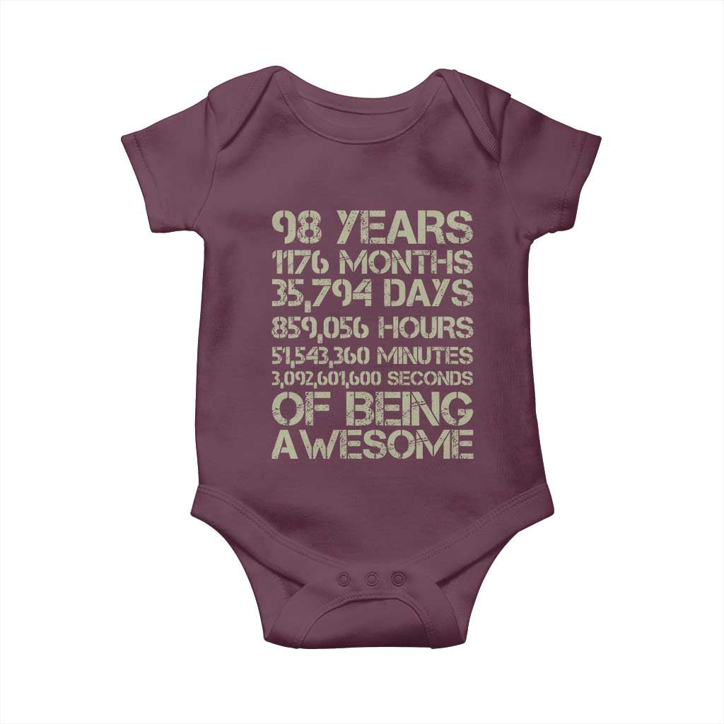 Vintage 98th Milestone Birthday Baby Onesie 98 Years Of Being Awesome