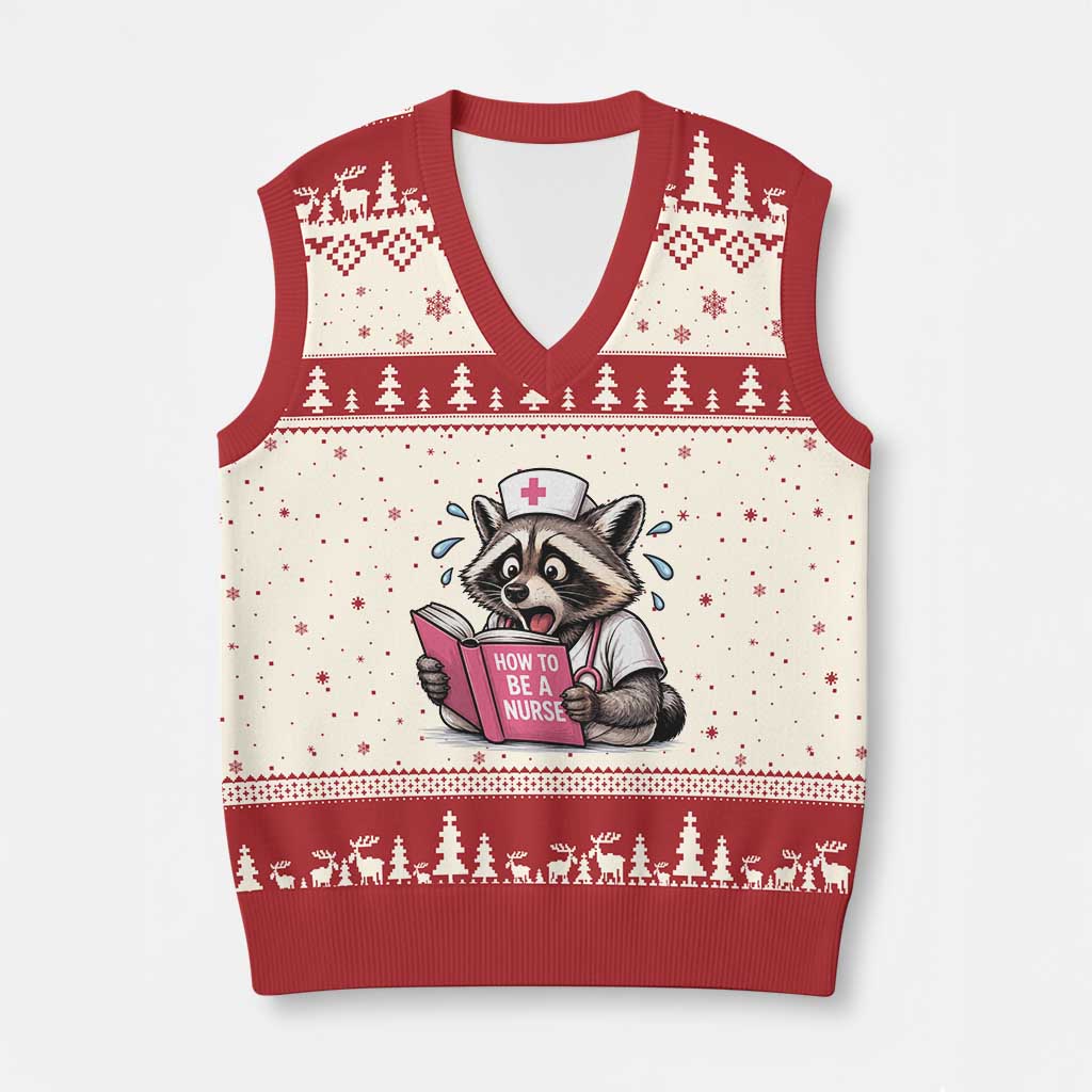 Funny Raccoon Nursing Student Healthcare Gift V-Neck Knit Sweater Vest