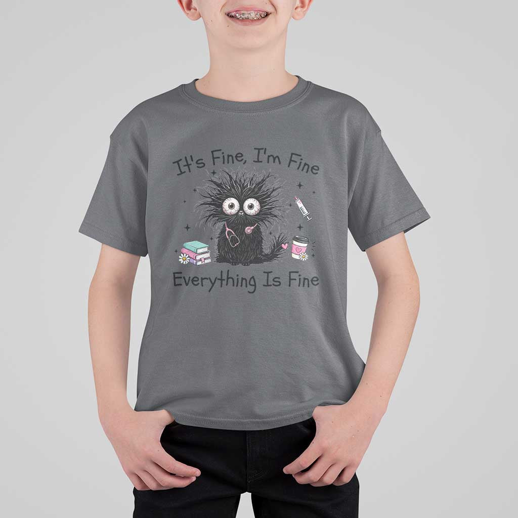 Funny Stressed Black Cat Nursing Student Life T Shirt For Kid ts Fine Im Fine Everything Is Fine
