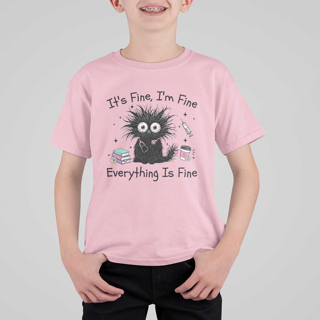 Funny Stressed Black Cat Nursing Student Life T Shirt For Kid ts Fine Im Fine Everything Is Fine