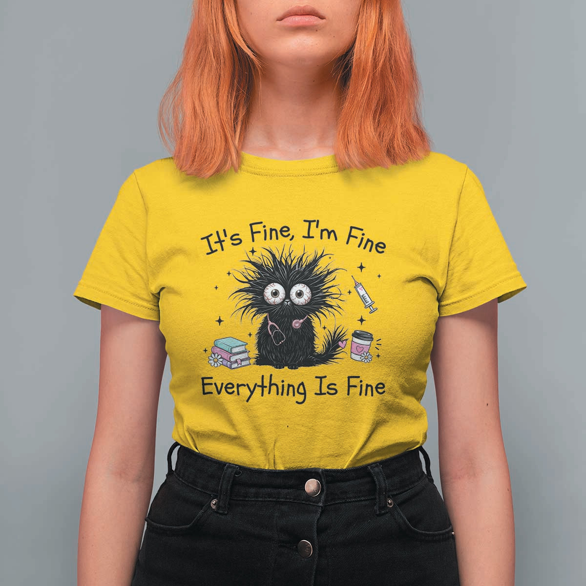 Funny Stressed Black Cat Nursing Student Life T Shirt For Women ts Fine Im Fine Everything Is Fine