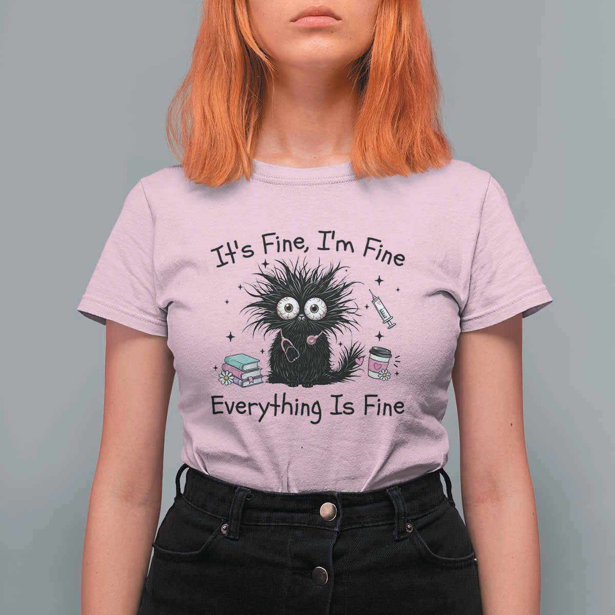 Funny Stressed Black Cat Nursing Student Life T Shirt For Women ts Fine Im Fine Everything Is Fine