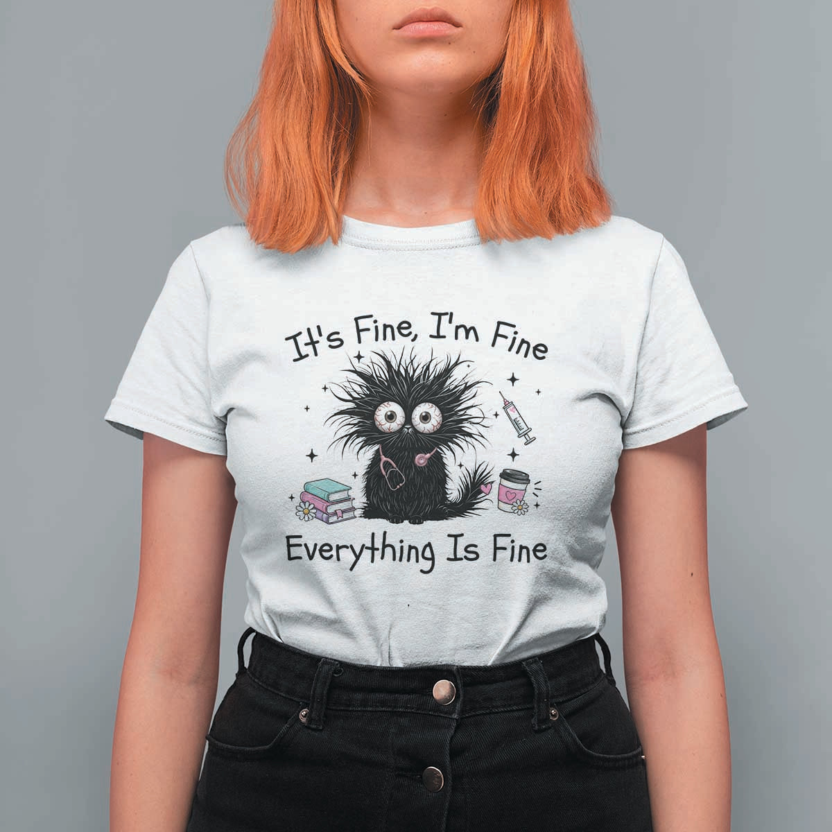 Funny Stressed Black Cat Nursing Student Life T Shirt For Women ts Fine Im Fine Everything Is Fine