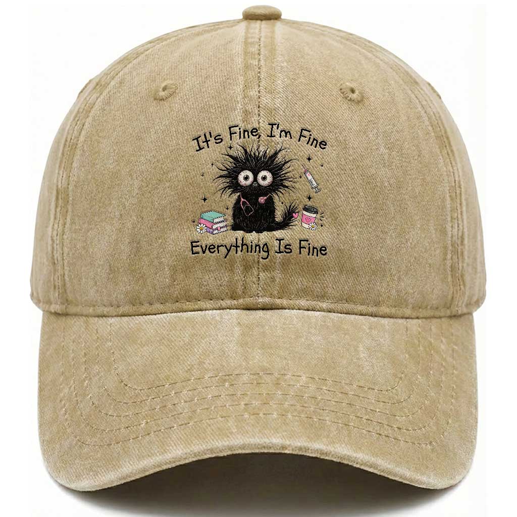 Funny Stressed Black Cat Nursing Student Life Washed Cotton Baseball Cap ts Fine Im Fine Everything Is Fine