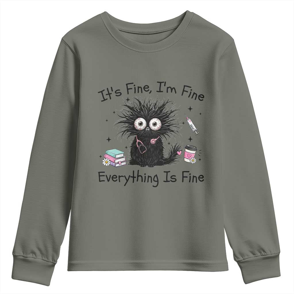 Funny Stressed Black Cat Nursing Student Life Youth Sweatshirt ts Fine Im Fine Everything Is Fine