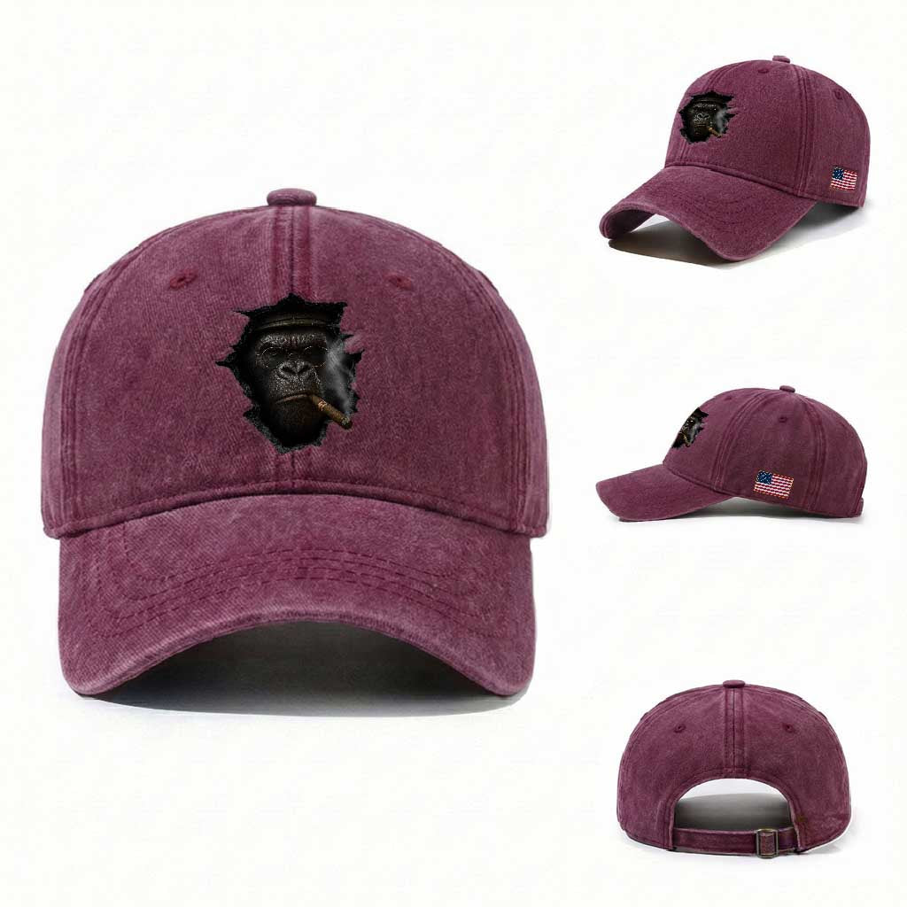 Cool Gorilla With Cigar Washed Cotton Baseball Cap Animal Lover Gift