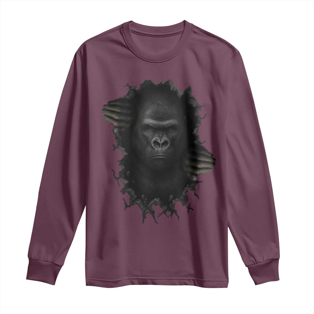 Angry Gorilla Face On Cracked Wall Long Sleeve Shirt Animal Lover Gift - Wonder Print Shop