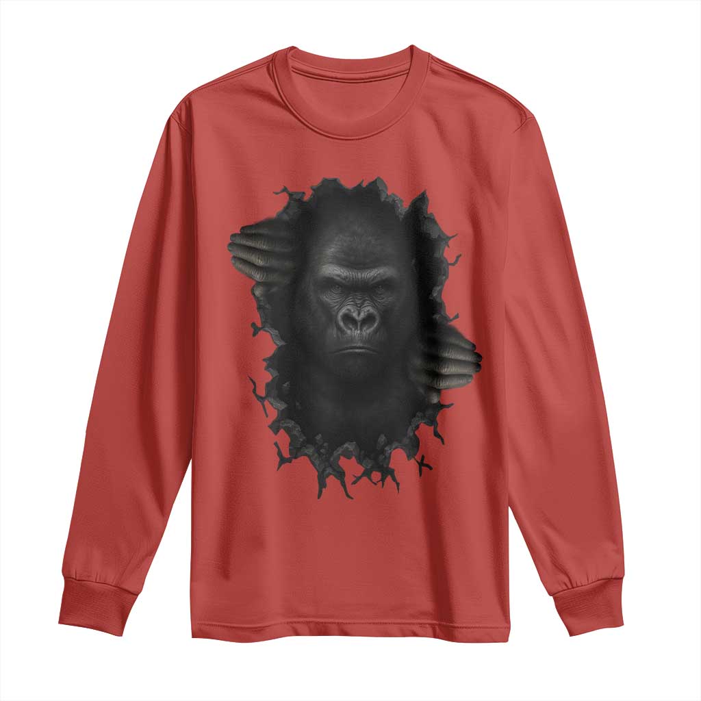 Angry Gorilla Face On Cracked Wall Long Sleeve Shirt Animal Lover Gift - Wonder Print Shop