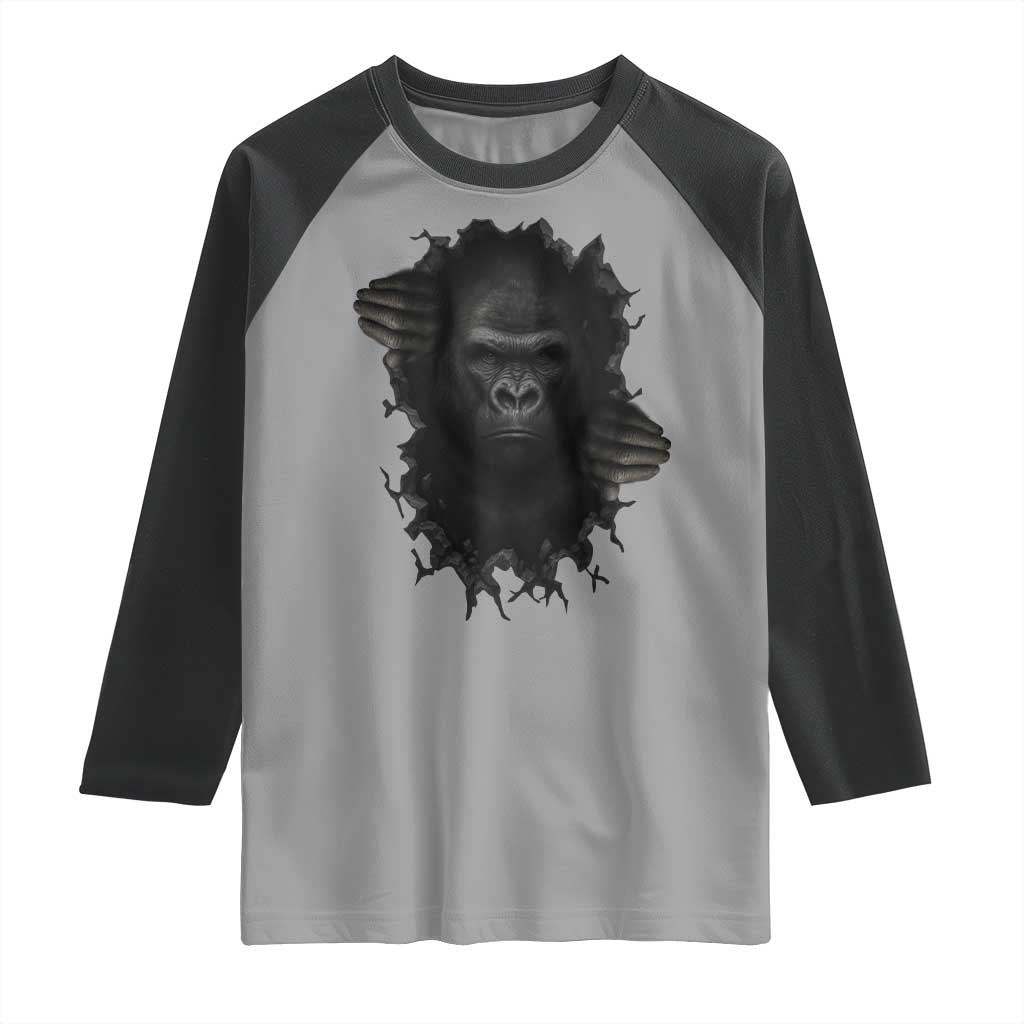 Angry Gorilla Face On Cracked Wall Raglan Shirt Animal Lover Gift - Wonder Print Shop