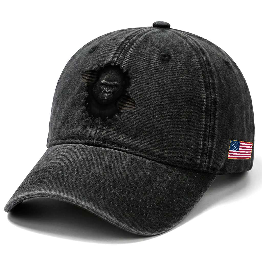 Angry Gorilla Face On Cracked Wall Washed Cotton Baseball Cap Animal Lover Gift