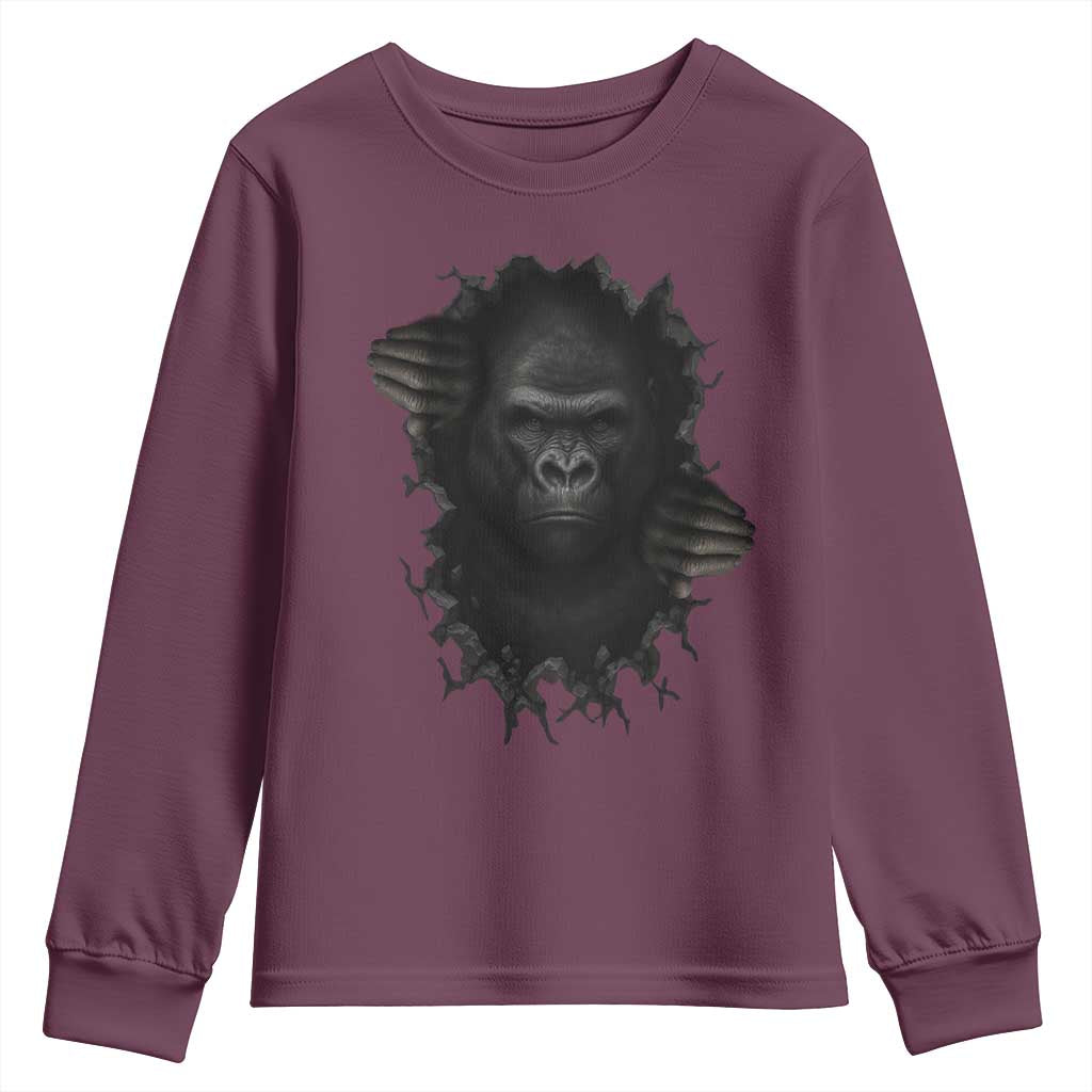 Angry Gorilla Face On Cracked Wall Youth Sweatshirt Animal Lover Gift - Wonder Print Shop