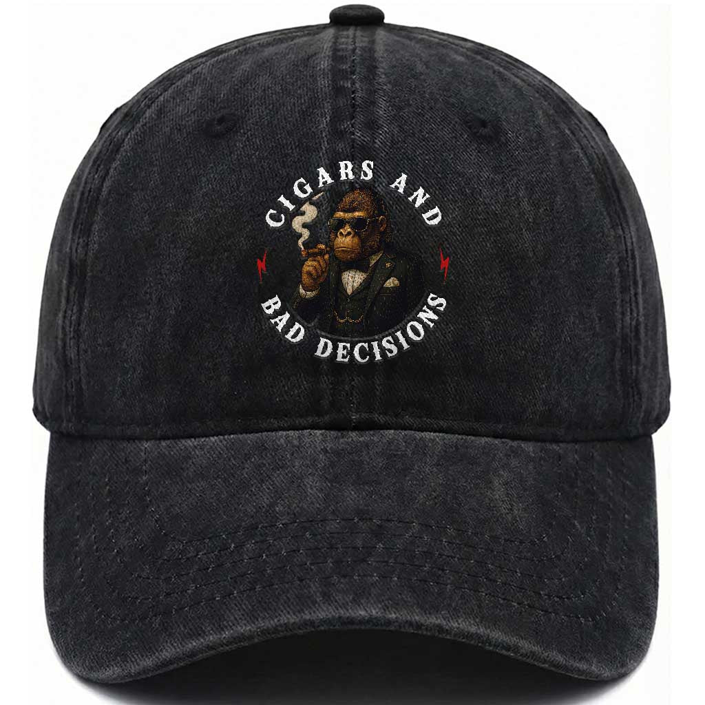 Cigars And Bad Decisions Washed Cotton Baseball Cap Funny Gorilla Gift