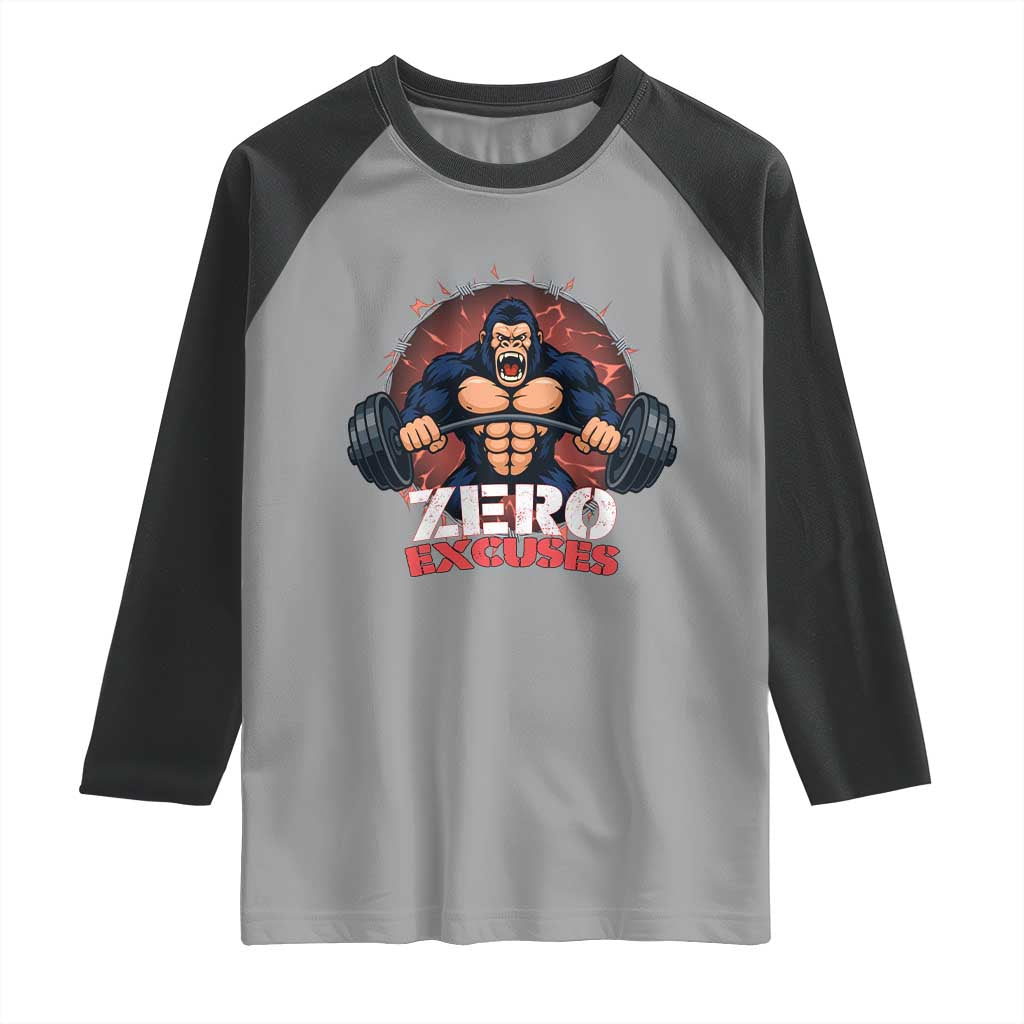 Zero Excuses Raglan Shirt Gorilla Fitness Lover Gift - Wonder Print Shop