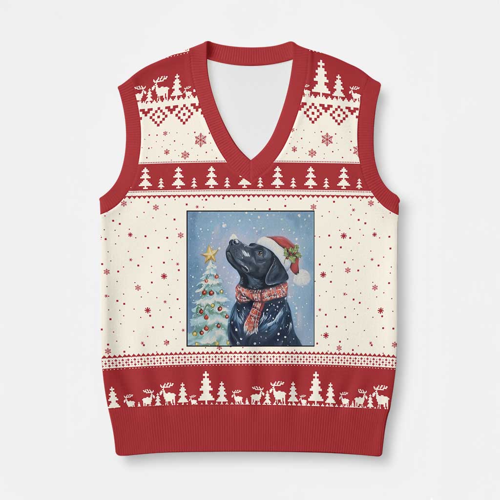 Cute Black Lab Xmas V-Neck Knit Sweater Vest Holiday Dog Lover Gift Idea - Wonder Print Shop