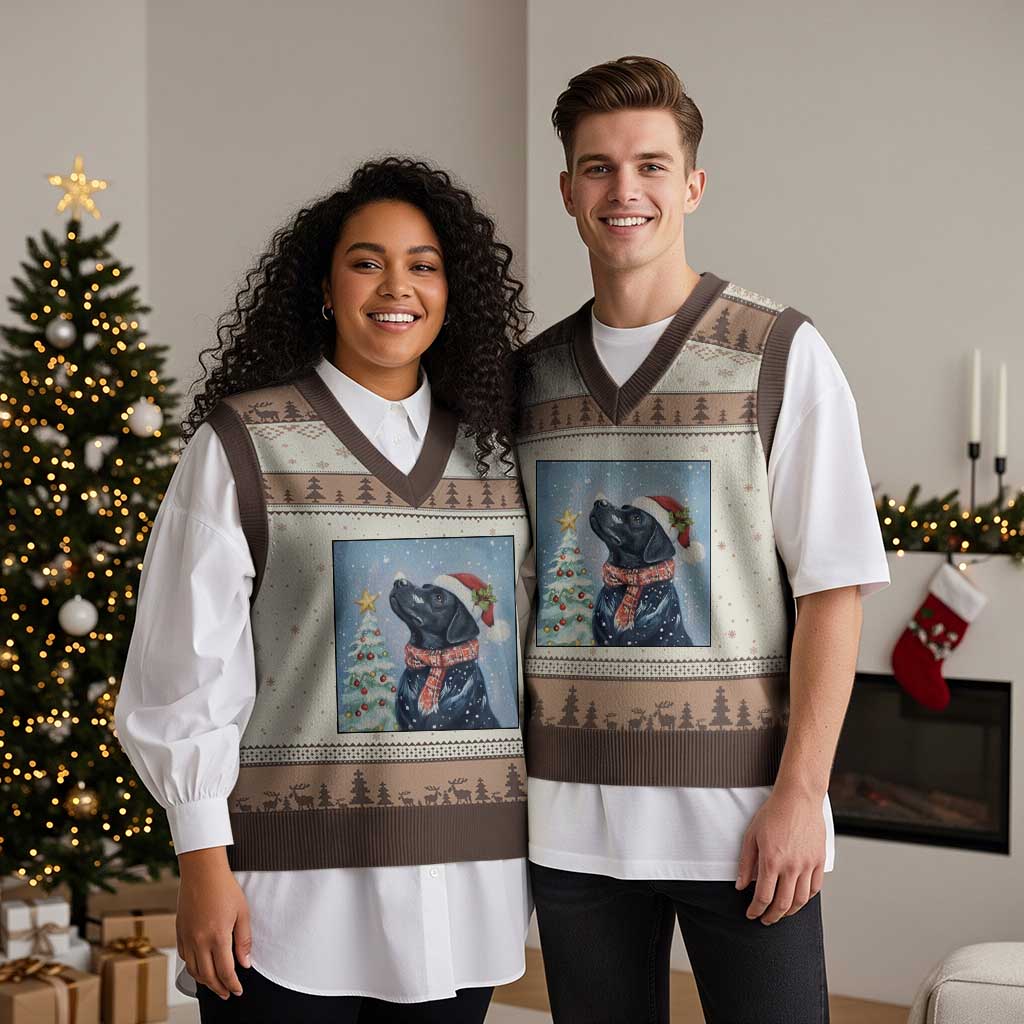 Cute Black Lab Xmas V-Neck Knit Sweater Vest Holiday Dog Lover Gift Idea - Wonder Print Shop