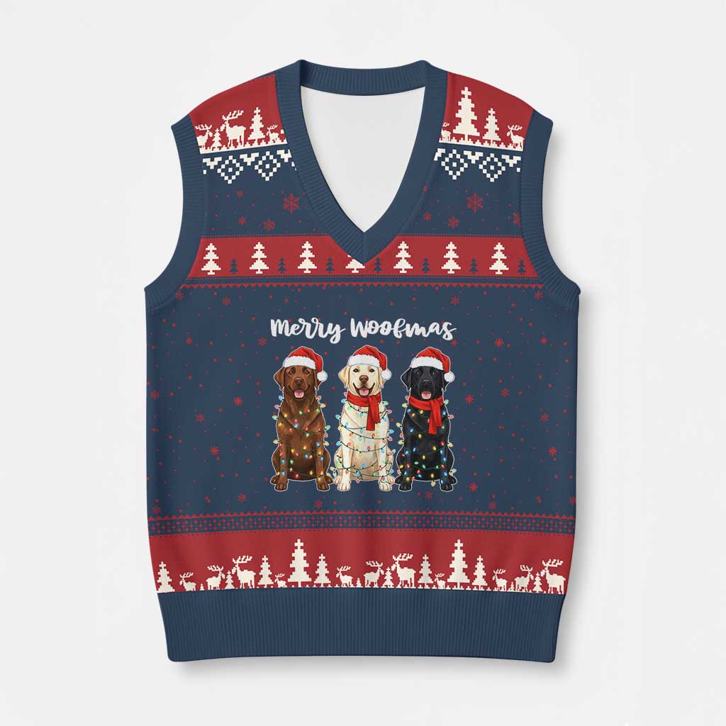 Funny Merry Woofmas V-Neck Knit Sweater Vest Labrador Funny Xmas Dog Lover Gift - Wonder Print Shop
