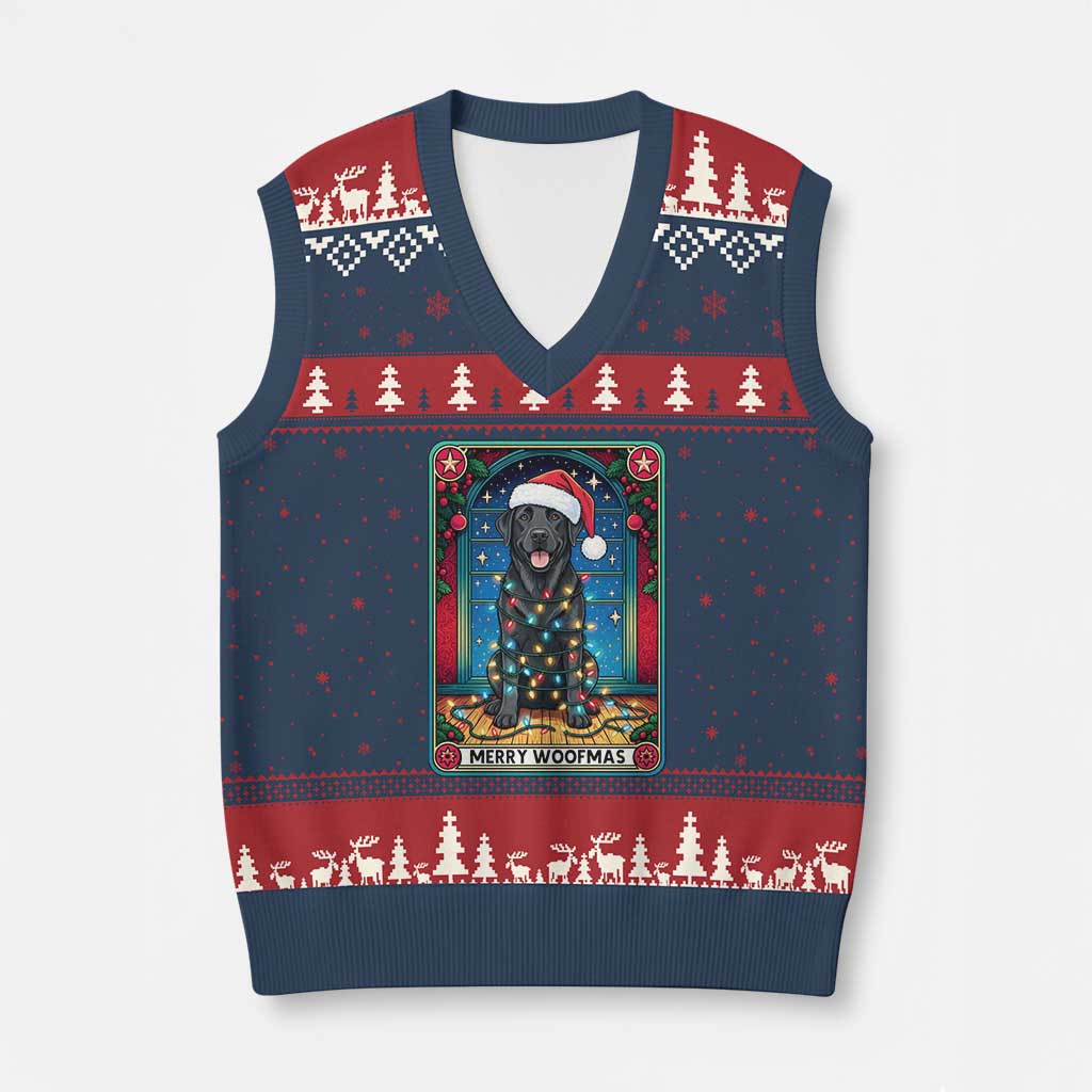 Merry Woofmas V-Neck Knit Sweater Vest Funny Tarot Card Labrador Retriever Xmas Gift - Wonder Print Shop
