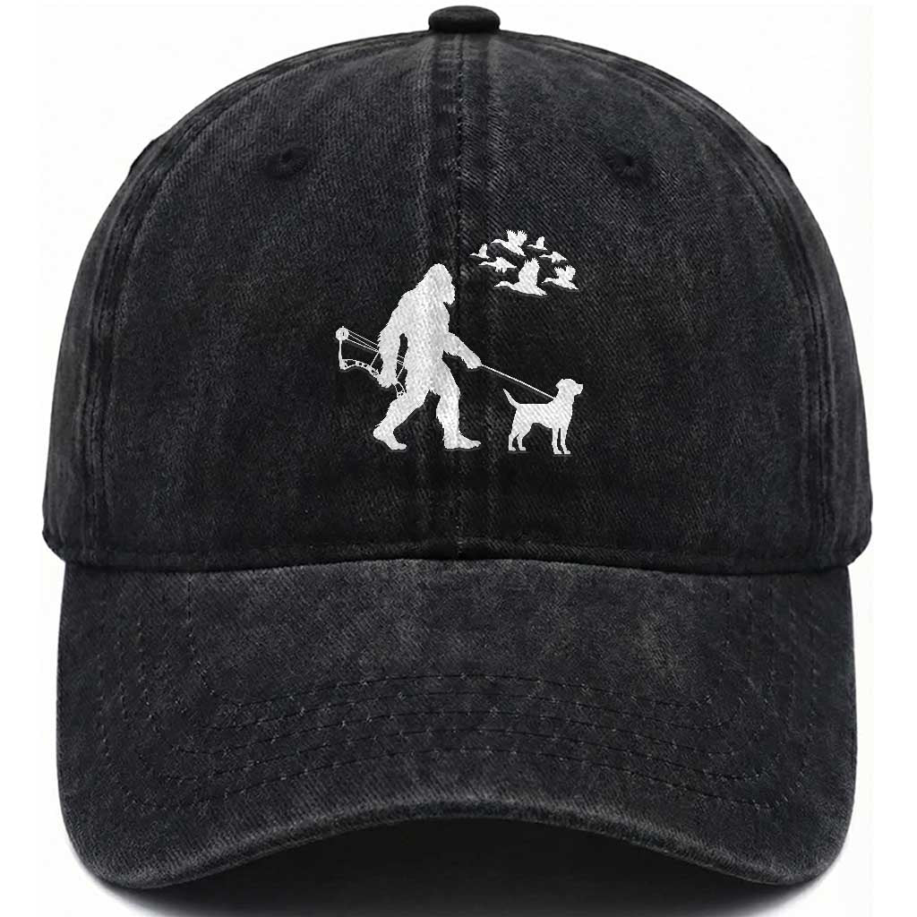 Funny Bow Hunter Washed Cotton Baseball Cap Bigfoot Walking Labrador Hunting Dog Gift