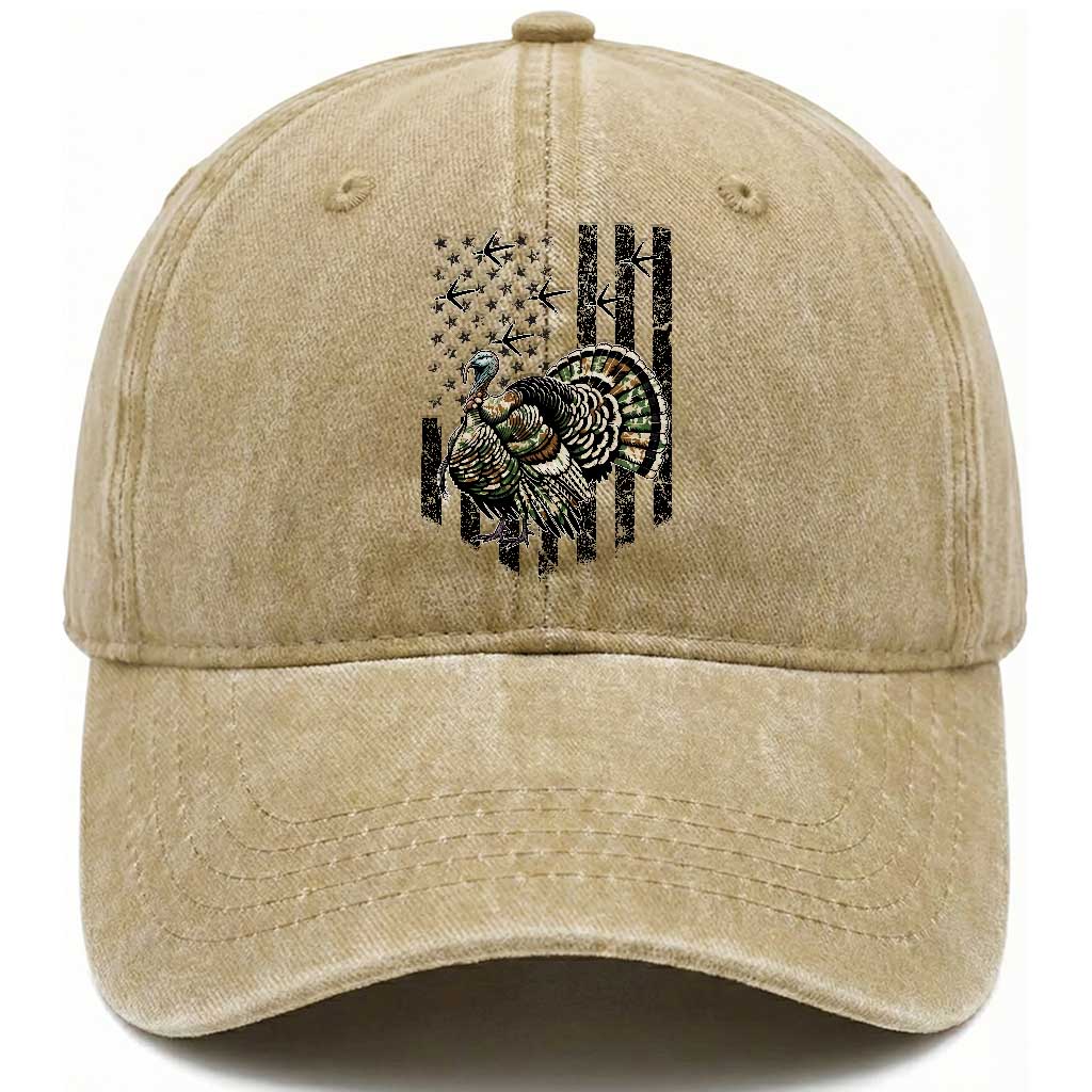 Turkey Hunter Washed Cotton Baseball Cap Patriotic American Flag Gift