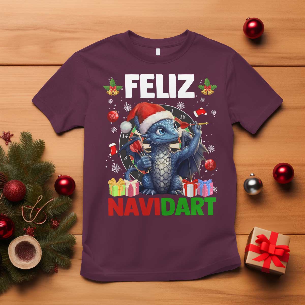 Funny Dragon Throwing Dart Christmas Gift T Shirt Feliz Navidart - Wonder Print Shop
