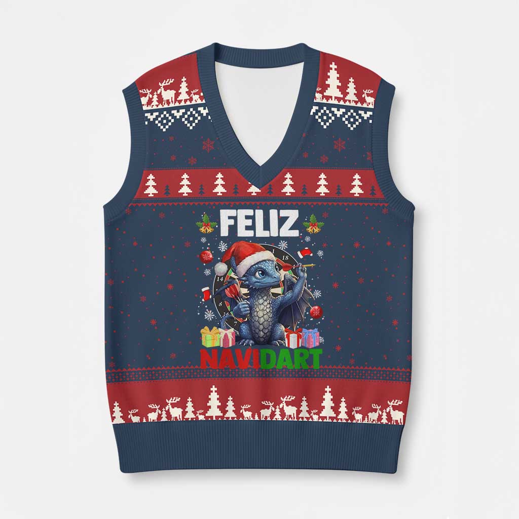 Funny Dragon Throwing Dart Xmas Gift V-Neck Knit Sweater Vest Feliz Navidart - Wonder Print Shop