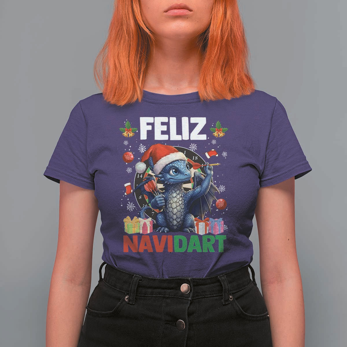 Funny Dragon Throwing Dart Christmas Gift T Shirt For Women Feliz Navidart - Wonder Print Shop