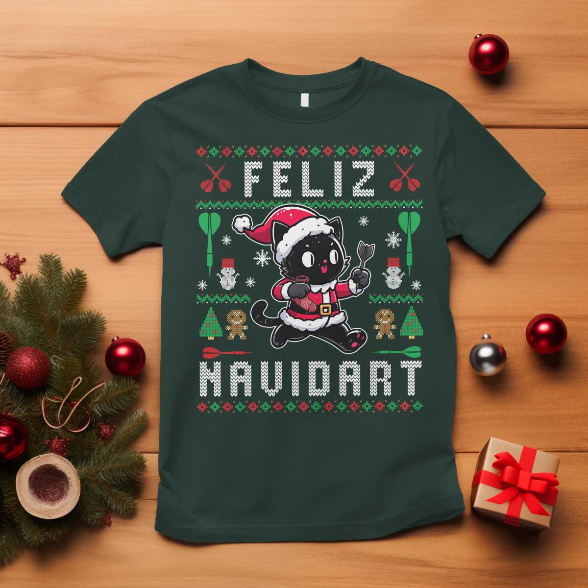 Santa Cat Feliz Navidart T Shirt Funny Dartist Ugly Christmas Gift - Wonder Print Shop