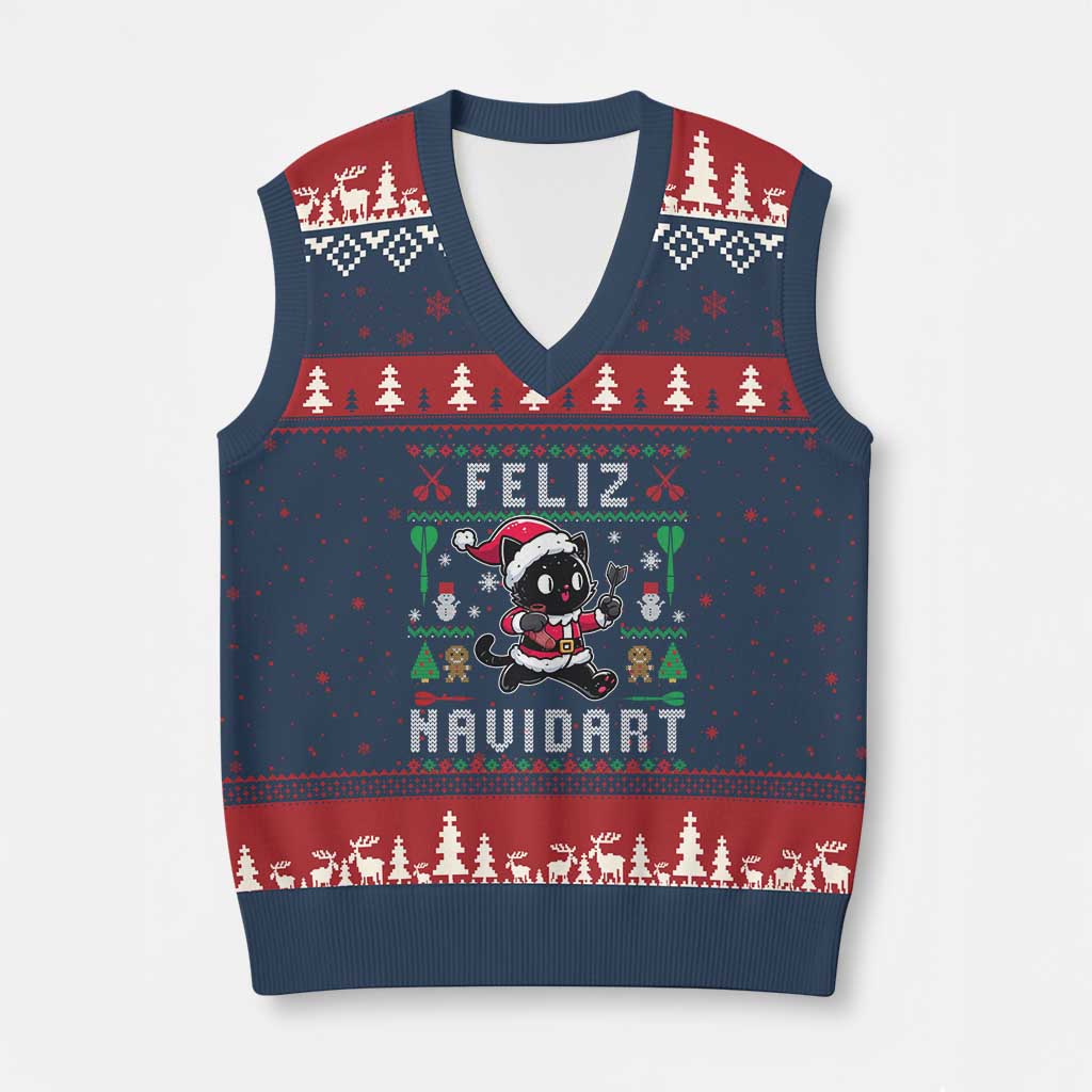 Santa Cat Feliz Navidart V-Neck Knit Sweater Vest Funny Dartist Ugly Xmas Gift - Wonder Print Shop