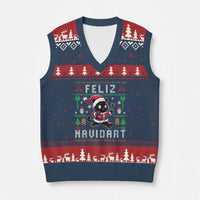 Santa Cat Feliz Navidart V-Neck Knit Sweater Vest Funny Dartist Ugly Xmas Gift - Wonder Print Shop