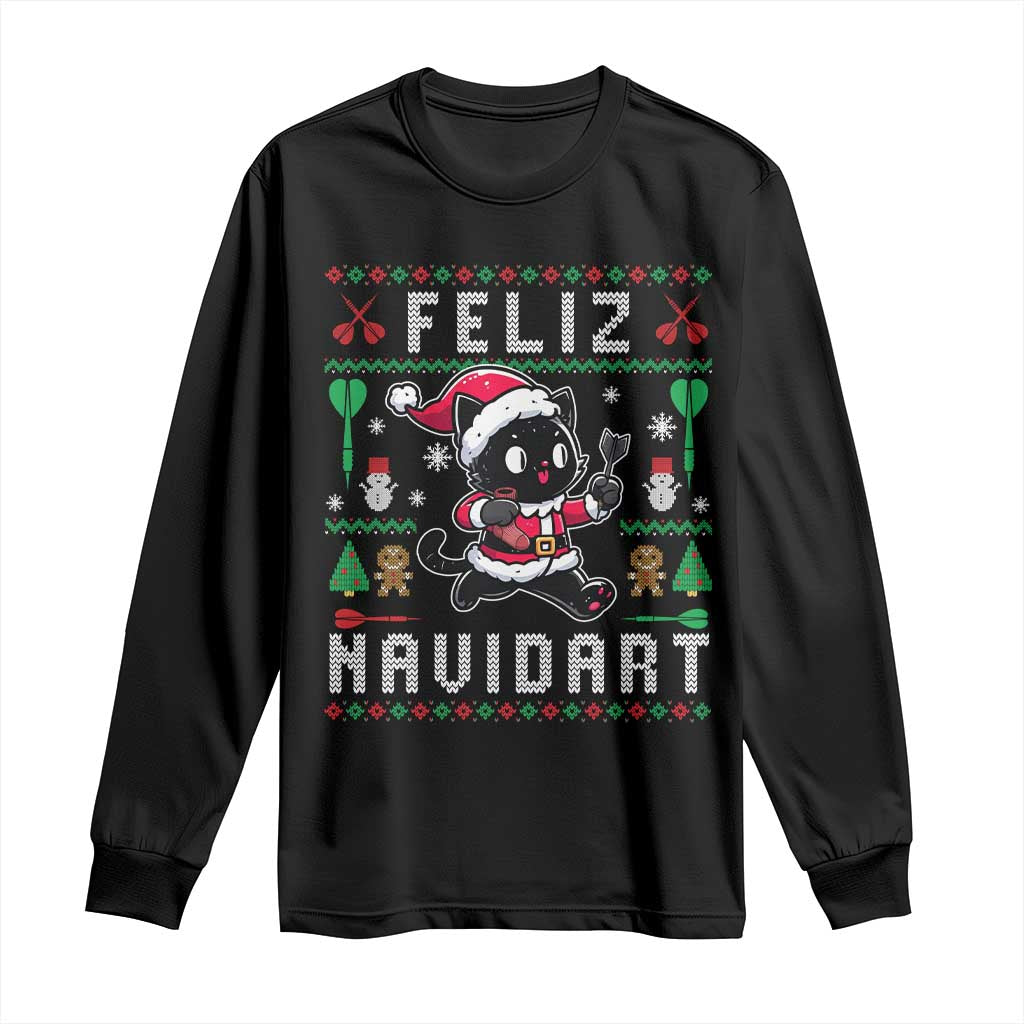 Santa Cat Feliz Navidart Long Sleeve Shirt Funny Dartist Ugly Christmas Gift - Wonder Print Shop