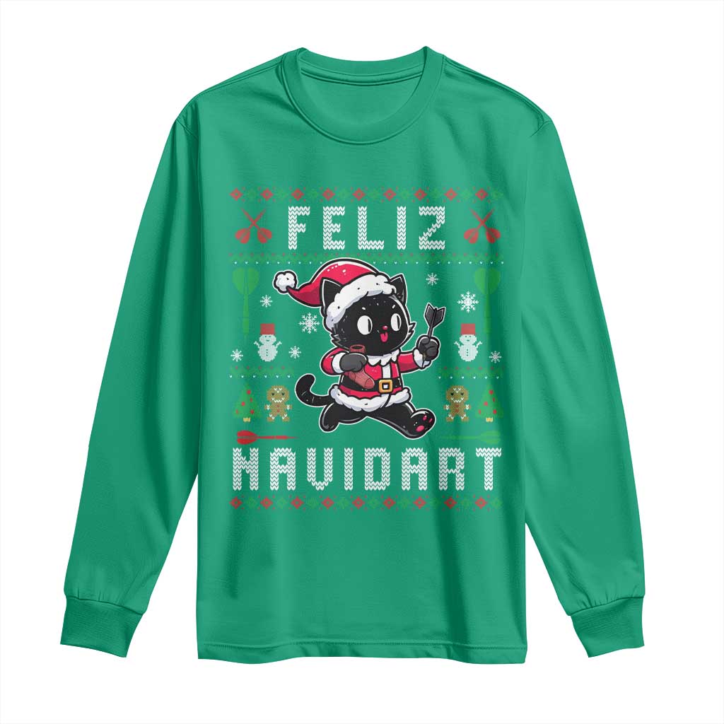 Santa Cat Feliz Navidart Long Sleeve Shirt Funny Dartist Ugly Christmas Gift - Wonder Print Shop
