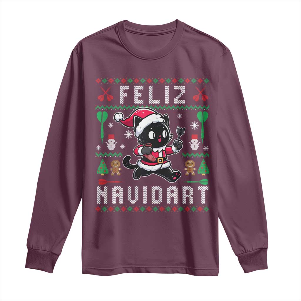 Santa Cat Feliz Navidart Long Sleeve Shirt Funny Dartist Ugly Christmas Gift - Wonder Print Shop