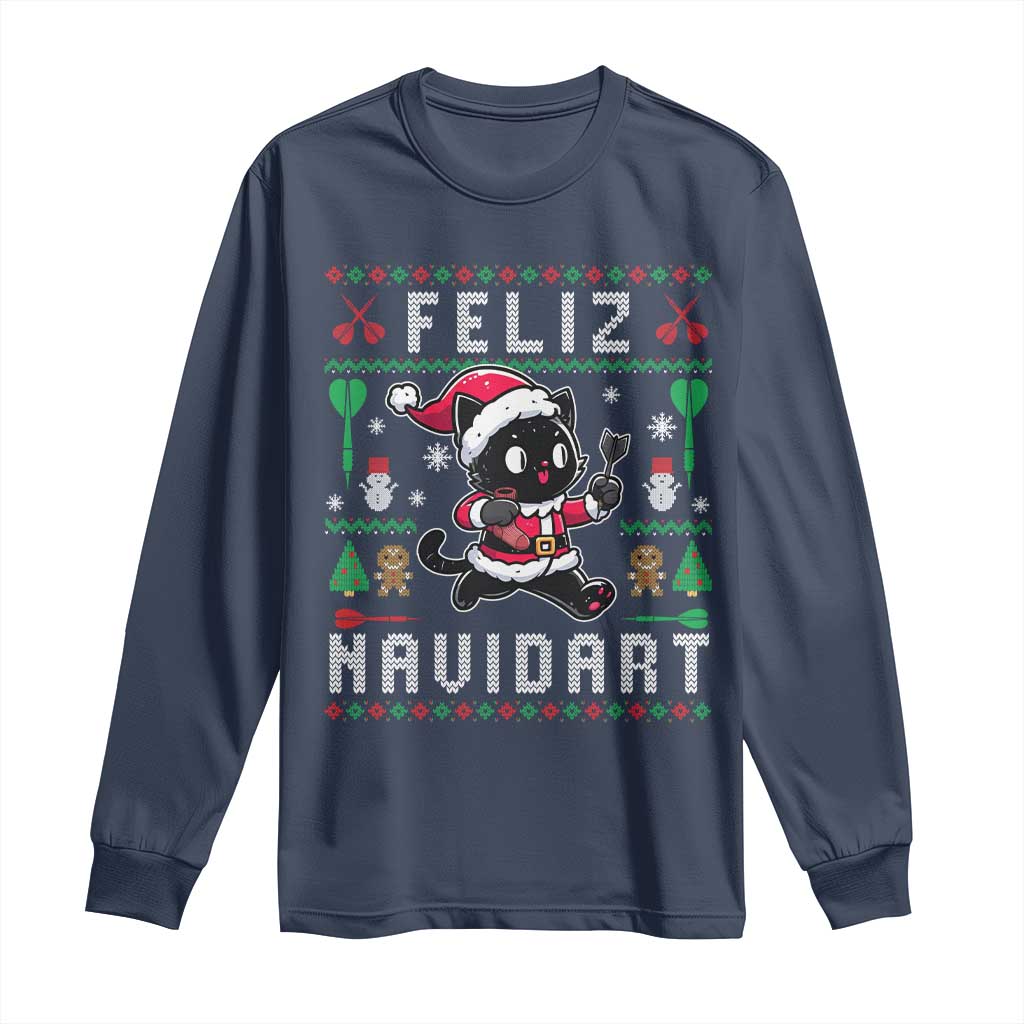 Santa Cat Feliz Navidart Long Sleeve Shirt Funny Dartist Ugly Christmas Gift - Wonder Print Shop
