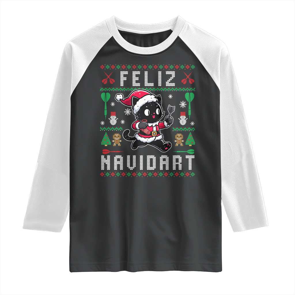 Santa Cat Feliz Navidart Raglan Shirt Funny Dartist Ugly Christmas Gift - Wonder Print Shop