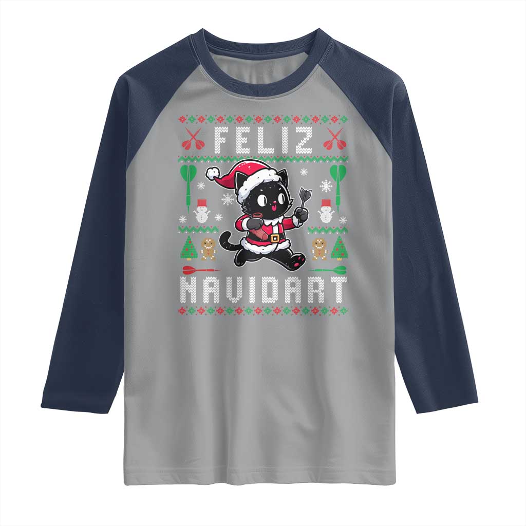 Santa Cat Feliz Navidart Raglan Shirt Funny Dartist Ugly Christmas Gift - Wonder Print Shop