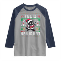 Santa Cat Feliz Navidart Raglan Shirt Funny Dartist Ugly Christmas Gift - Wonder Print Shop