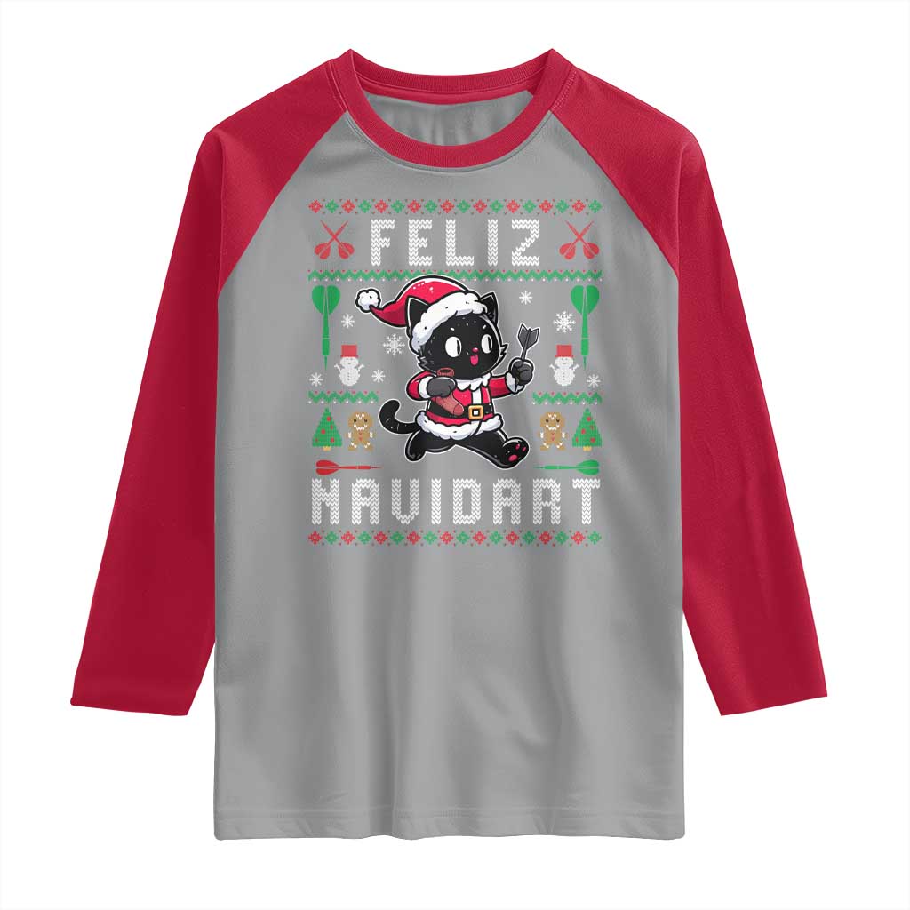 Santa Cat Feliz Navidart Raglan Shirt Funny Dartist Ugly Christmas Gift - Wonder Print Shop
