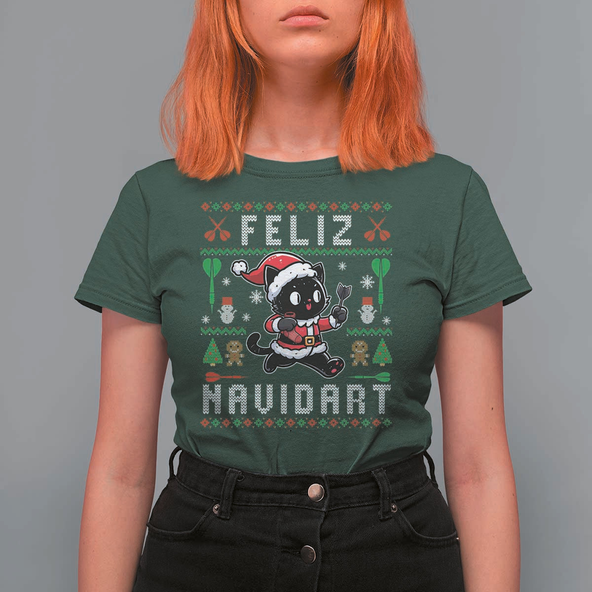 Santa Cat Feliz Navidart T Shirt For Women Funny Dartist Ugly Christmas Gift - Wonder Print Shop
