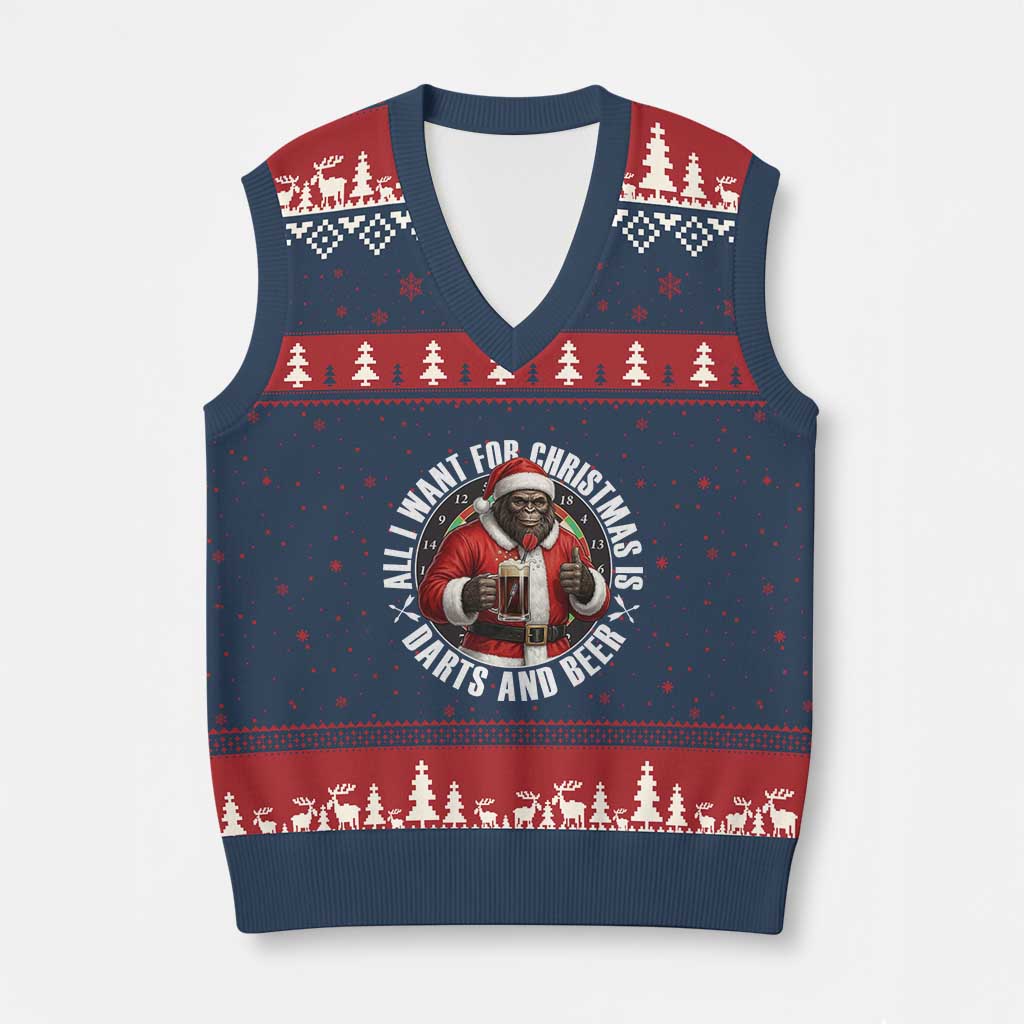 Funny Santa Bigfoot Dartist Beer Lover V-Neck Knit Sweater Vest Merry Dartsmas Xmas Gift - Wonder Print Shop