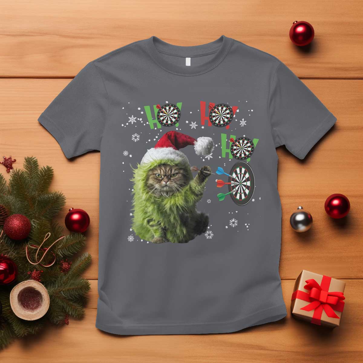 Funny Cat Throwing Dart Ho Ho Ho T Shirt Christmas Gift For Dart Player - Wonder Print Shop