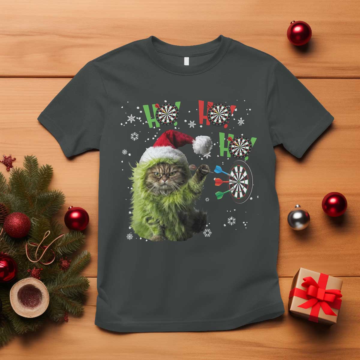 Funny Cat Throwing Dart Ho Ho Ho T Shirt Christmas Gift For Dart Player - Wonder Print Shop