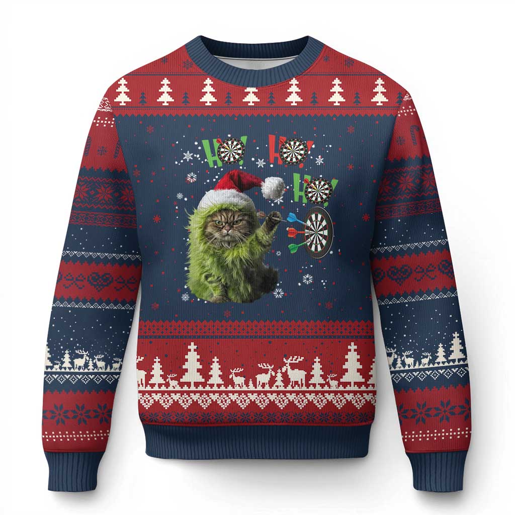 Funny Cat Throwing Dart Ho Ho Ho Ugly Christmas Sweater Xmas Gift For Dart Player - Wonder Print Shop