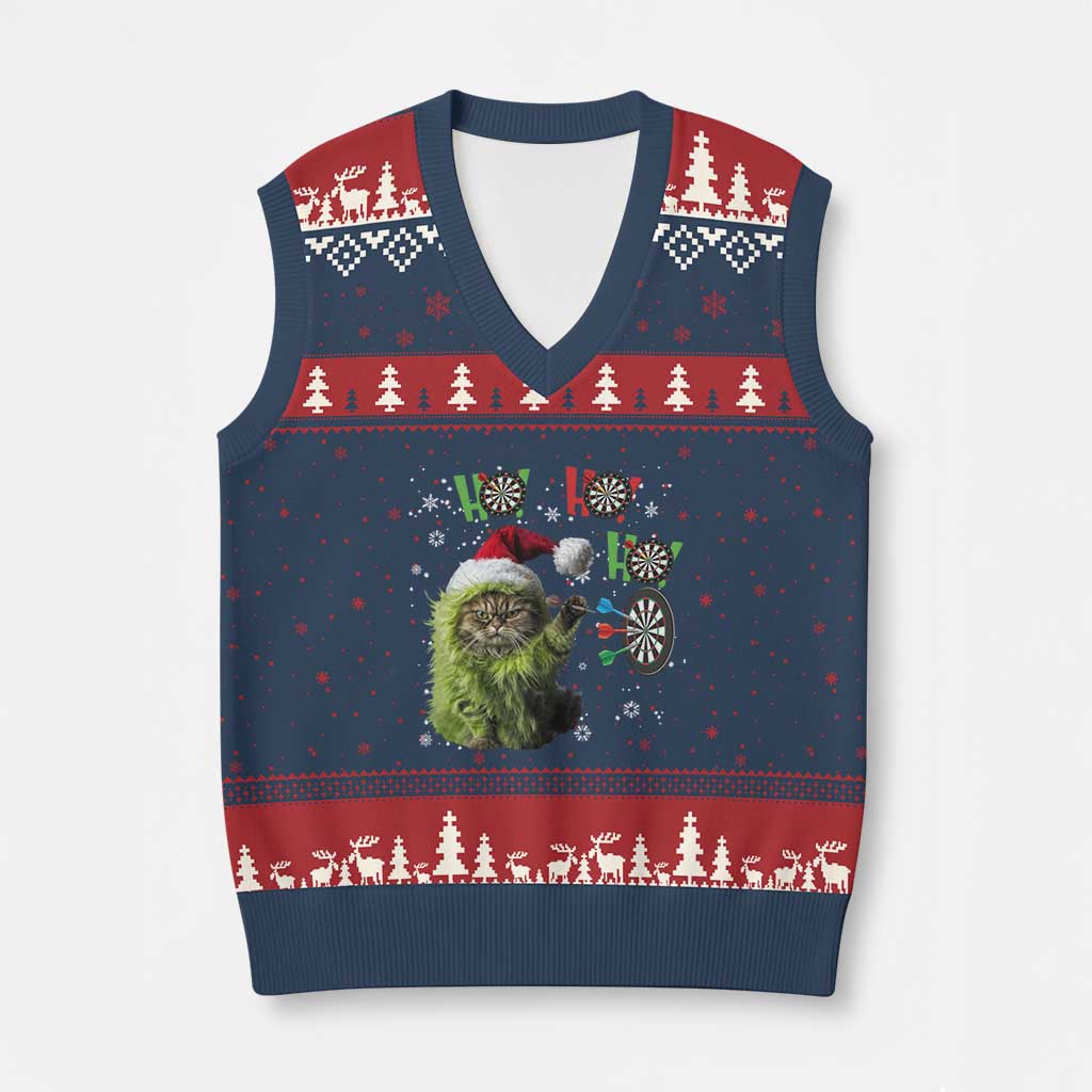 Funny Cat Throwing Dart Ho Ho Ho V-Neck Knit Sweater Vest Xmas Gift For Dart Player - Wonder Print Shop