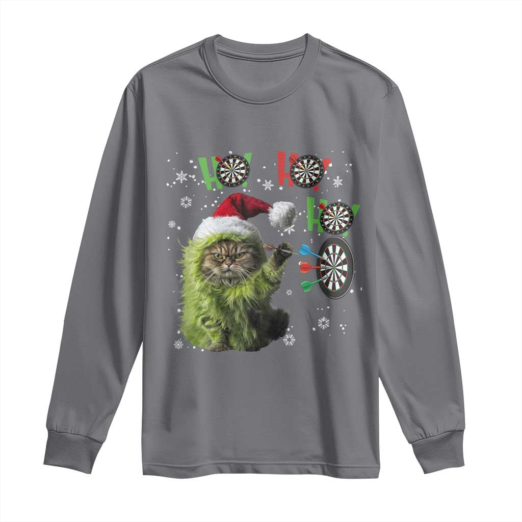 Funny Cat Throwing Dart Ho Ho Ho Long Sleeve Shirt Christmas Gift For Dart Player - Wonder Print Shop